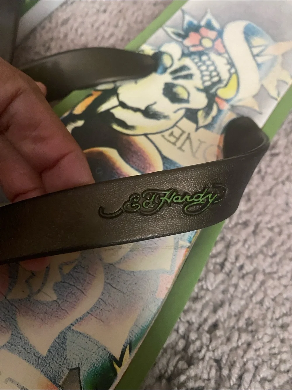 Vintage Ed Hardy Tattoo-Print Flip Flops in Green and Black